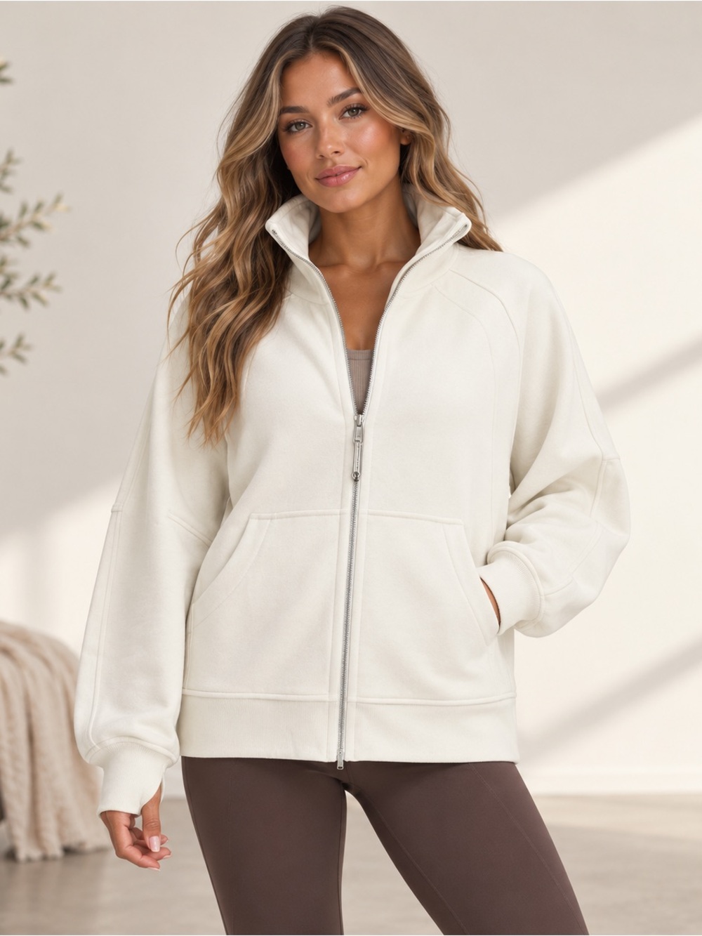 Lululemon Scuba oversized Funnel Neck Full Zip Bone XS/S Fleece Jacket clean grl